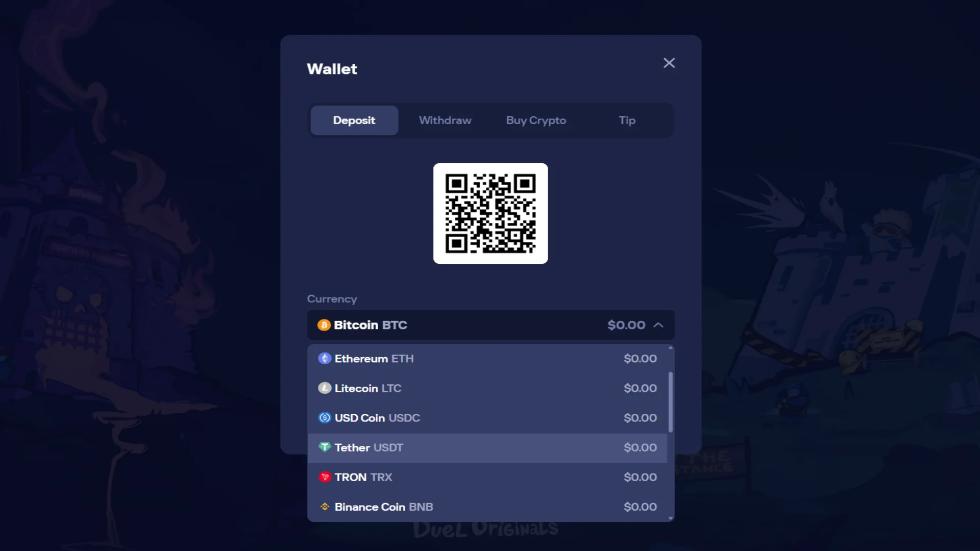 Duel Casino payment methods - crypto deposits and withdrawals