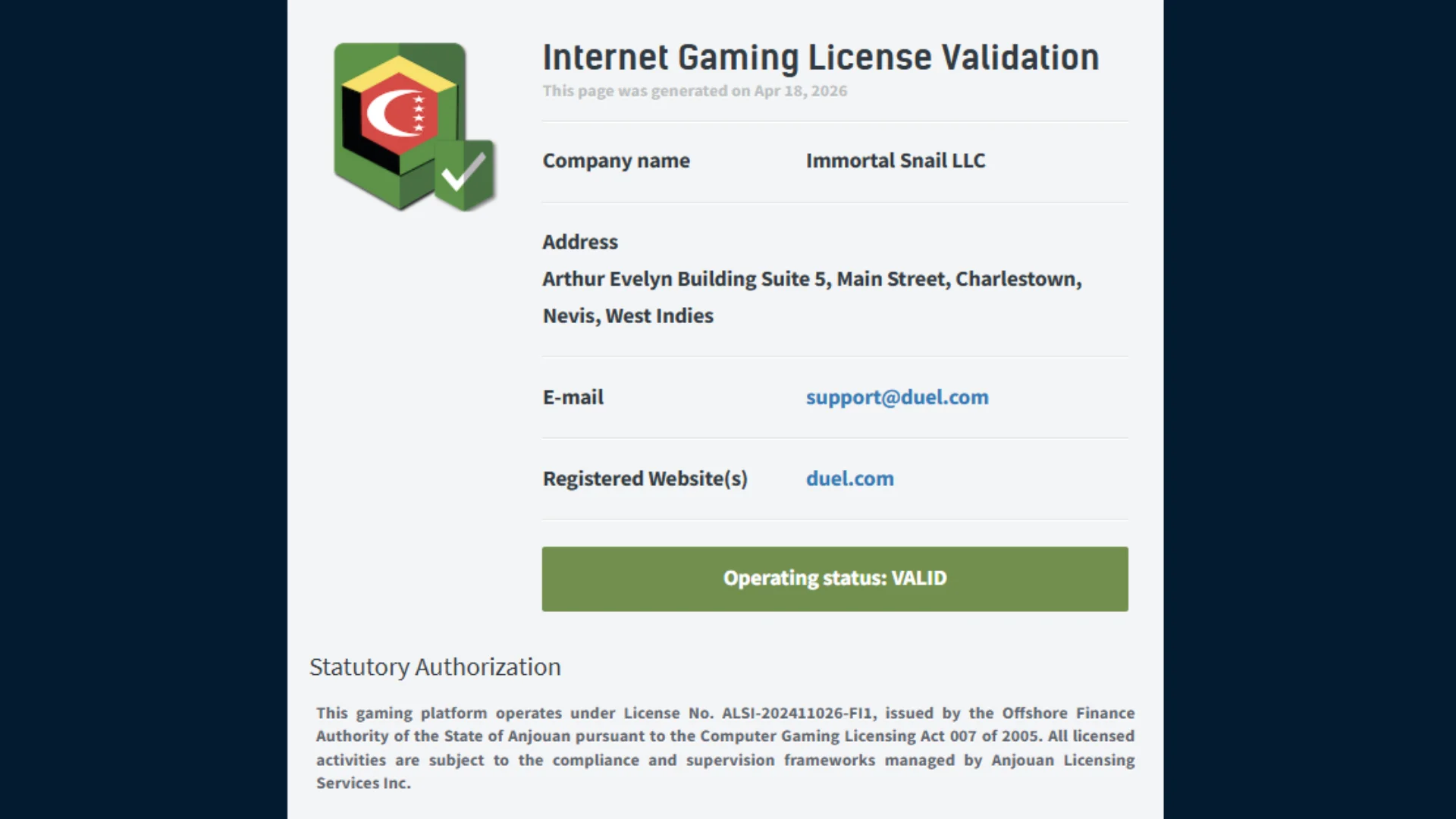 Duel Casino security and licensing