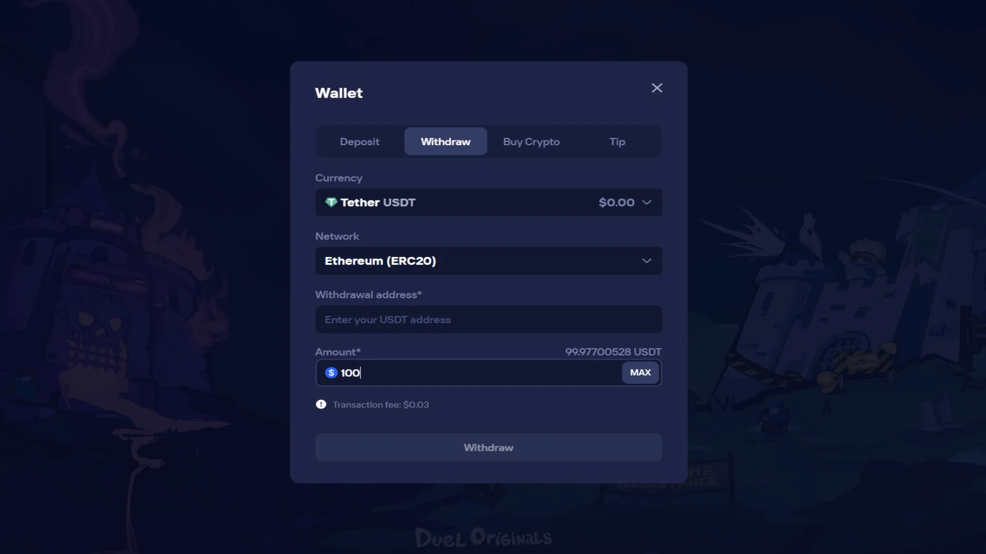 Instant crypto withdrawals at Duel Casino